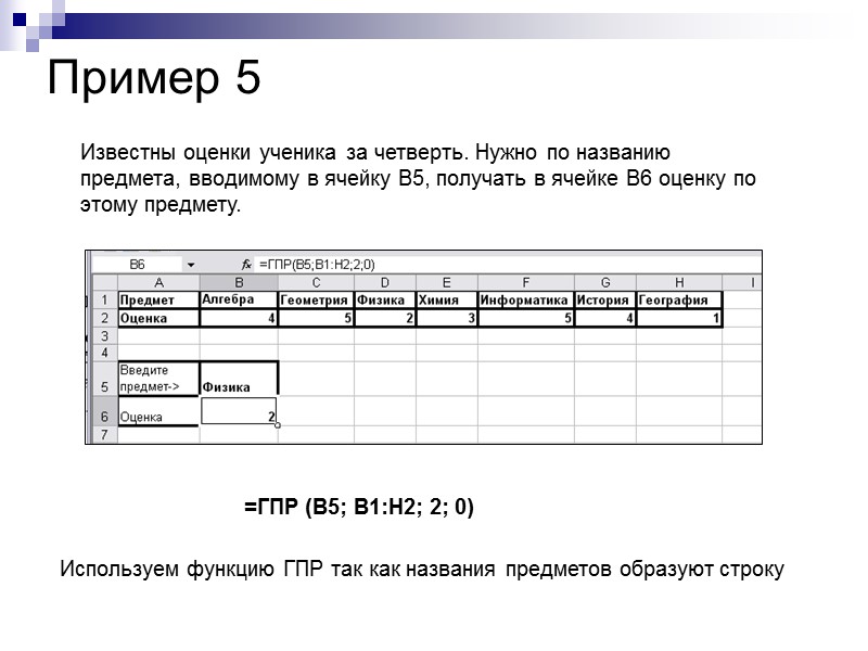Известны оценки ученика за четверть. Нужно по названию предмета, вводимому в ячейку В5, получать